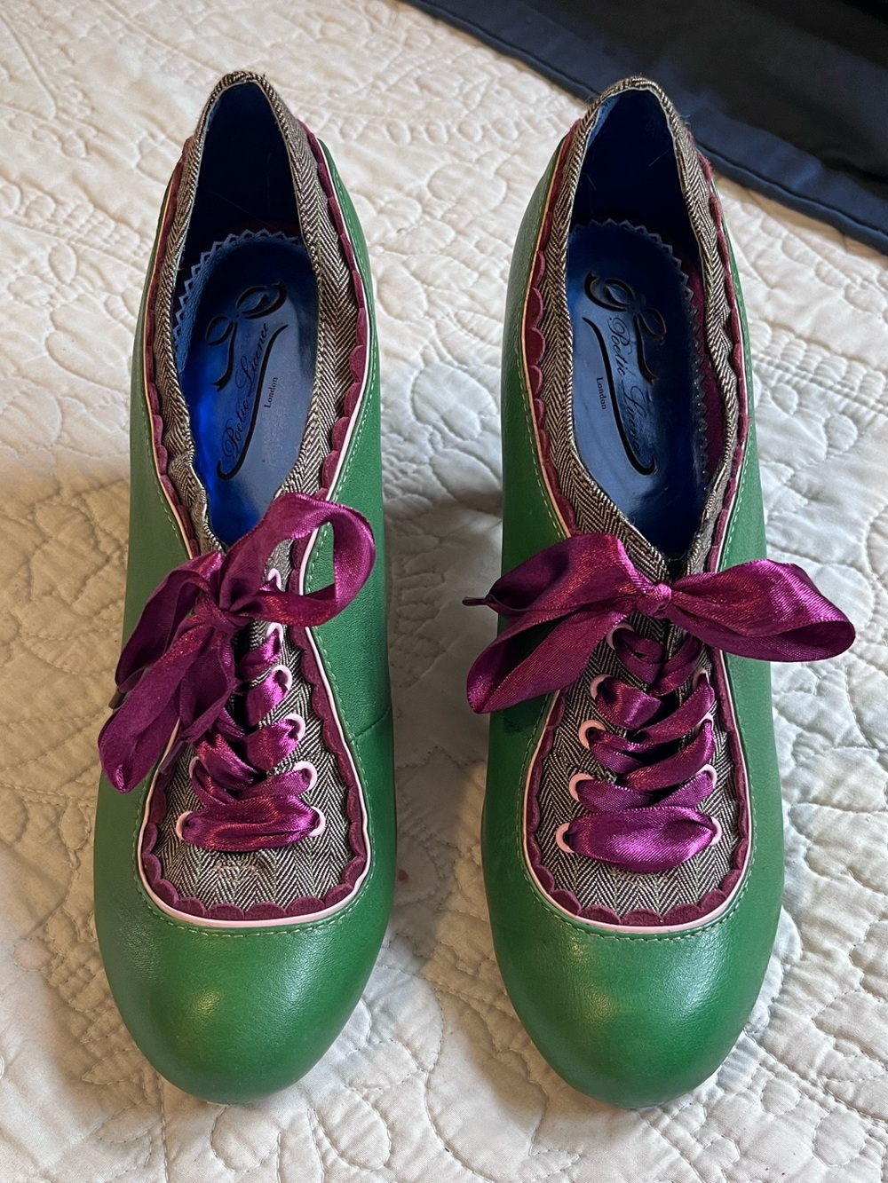 Poetic License Green Flats with Purple Satin Laces